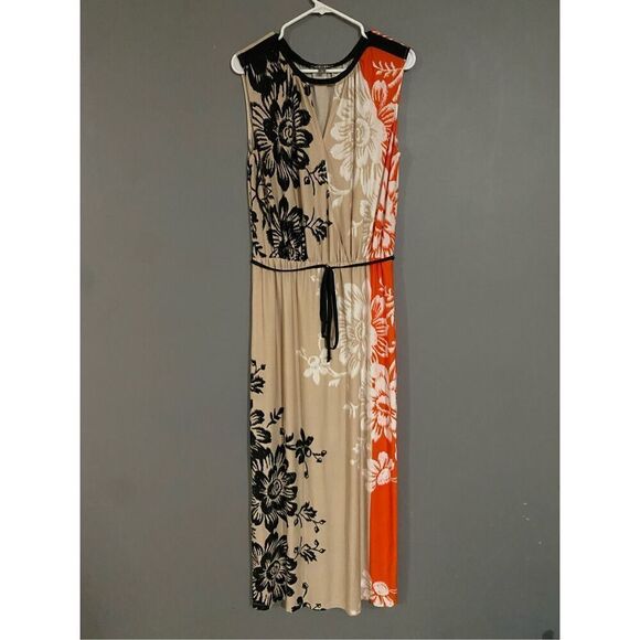 Roz & Ali Floral Black Orange Deep V Neck Tie Waist Sleeveless Dress Size 12 - Picture 1 of 7